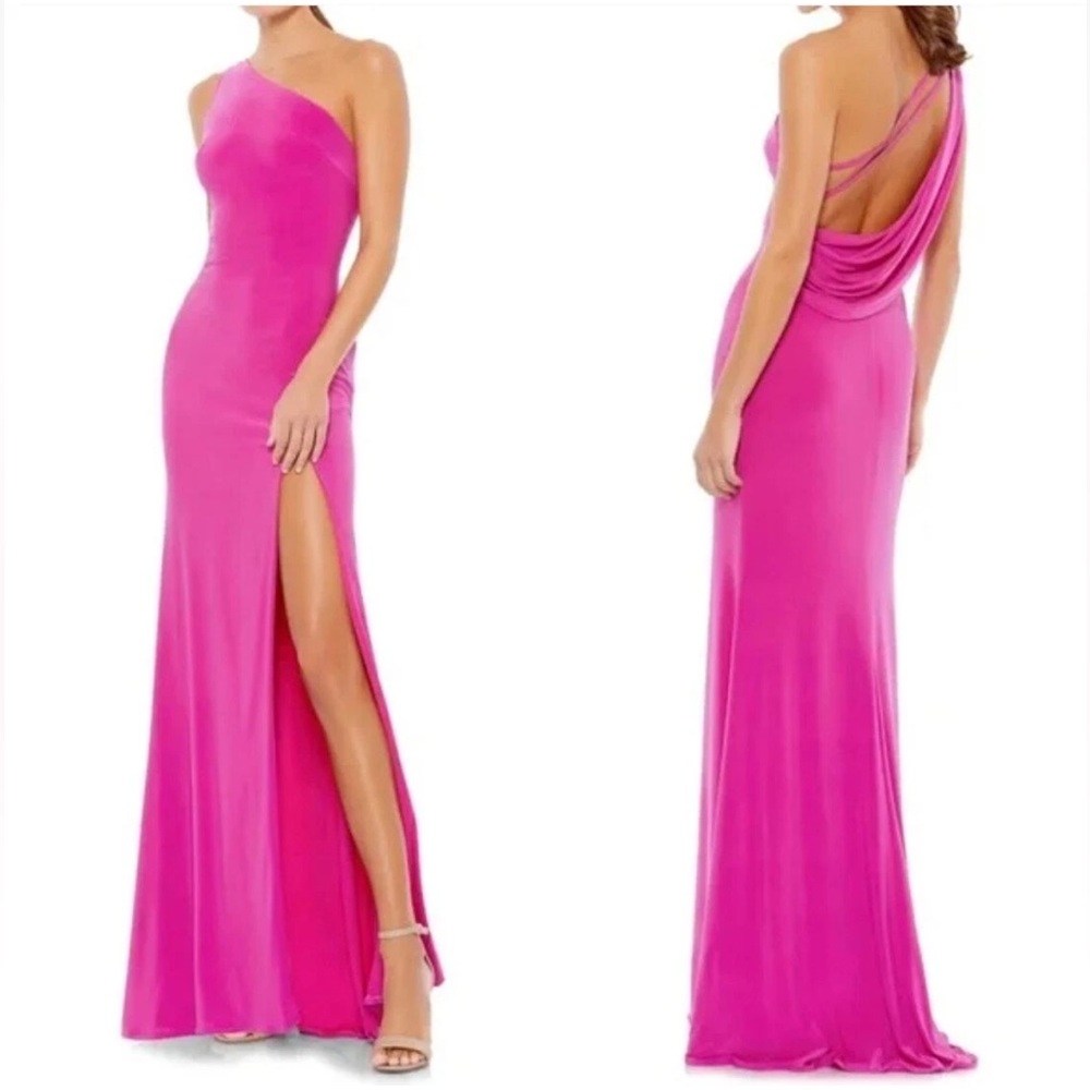 NWT Ieena for Mac Duggal Candy Pink Jersey One Shoulder Draped Maxi Dress Formal